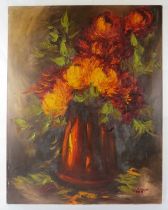 A large 20th Century unframed oil on canvas, 'Still life flowers in a vase', indistinctly signed and