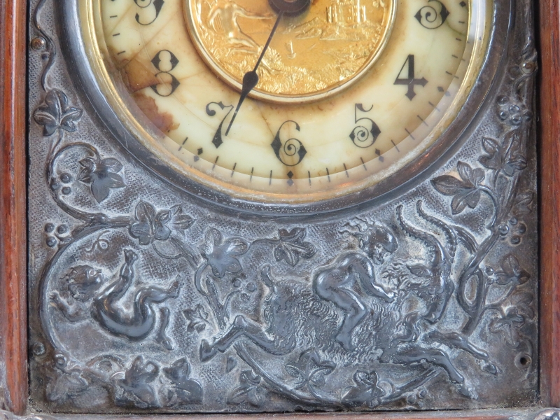 A Victorian oak mantle clock, circa 1889. Design reg: 134844. With silver plated handle, embossed - Image 2 of 5