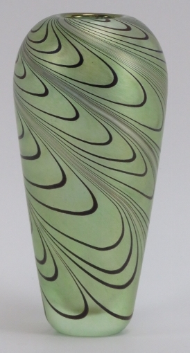 A Glasform iridescent green glass vase. Probably by John Ditchfield (unsigned). Inscribed ‘Glassform