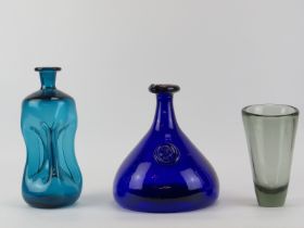 Three Danish Holmegaard glass ware, mid/late 20th century. Comprising a cobalt blue viking decanter