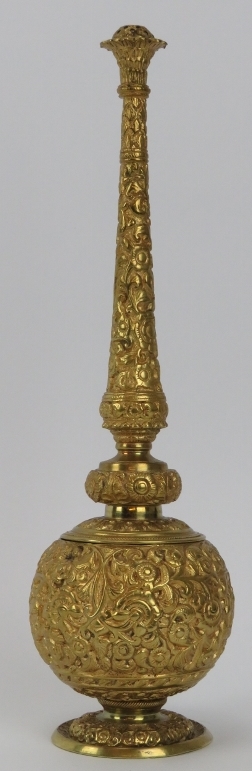 An Anglo-Indian gilt bronze incense burner in the form of a Moghul rosewater sprinkler, mid/late