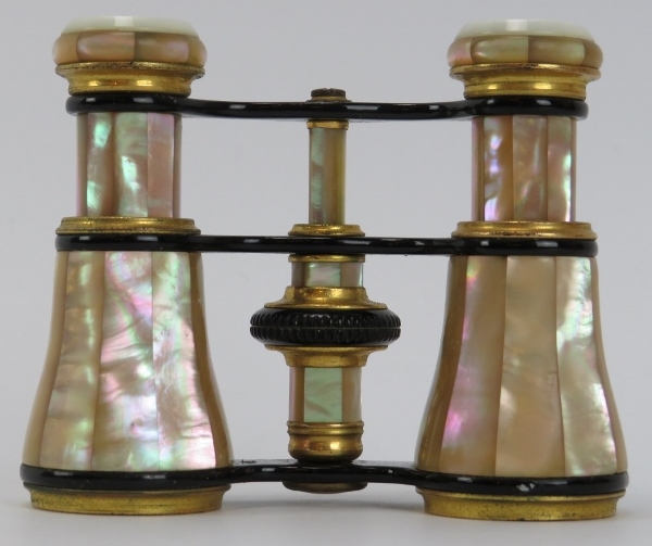 A pair of gilt and enamalled mother pearl opera glasses, 19th/early 20th century. With black leather - Image 3 of 4