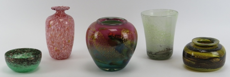 Five studio glass vases and a bowl, 20th century. (6 items) cm tallest height.