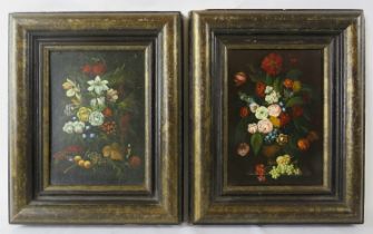 A pair of framed 20th century oils on board, Dutch style, 'Still life flowers', unsigned. 17cm x