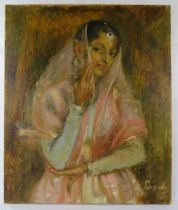 Patricia Angadi (1914 - 2001) - An unframed oil on canvas, 'portrait study of an Indian girl with