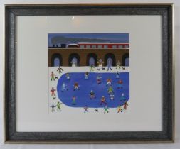 Gordon Barker (British) - A framed & glazed acrylic on paper, 'Ice skating by the steam train,