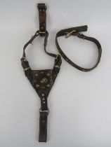 A vintage leather and brass mounted bull dog harness and collar. Harness: 67 cm approximate
