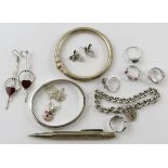 A collection of silver jewellery, to include paste set rings, bangles, earrings, pendant necklace,