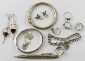 A collection of silver jewellery, to include paste set rings, bangles, earrings, pendant necklace,