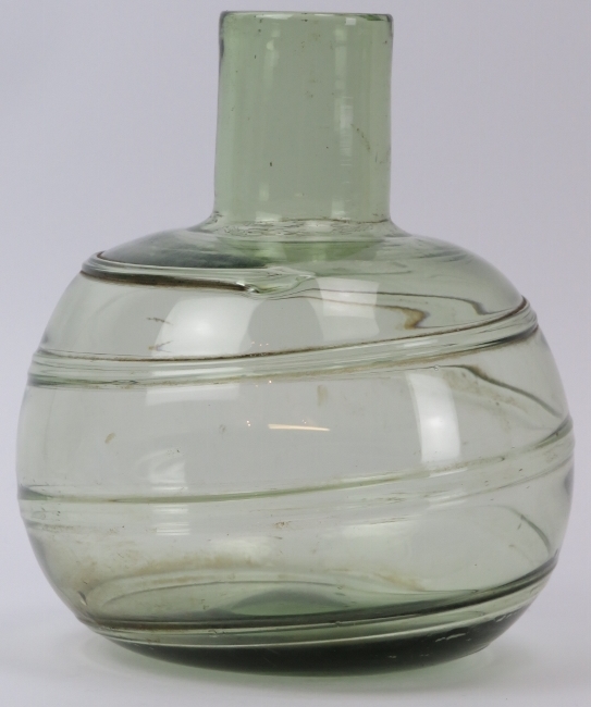 A Whitefriars sea green ribbon trailed vase, circa 1930s. Probably designed by Barnaby Powell. 18 cm