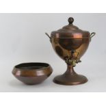 A copper and brass samovar and an Arts & Crafts spot hammered copper bowl by Dryad Lester, late