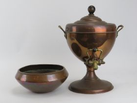 A copper and brass samovar and an Arts & Crafts spot hammered copper bowl by Dryad Lester, late