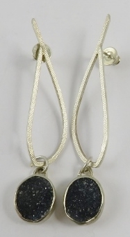 A pair of Artisanal Sussex Guild silver earrings with crystal quartz ‘geode’ drops, 6cm long