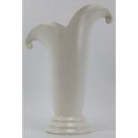 A large Art Deco white glazed ceramic vase designed by Arthur Wood. Of scrolled foliate form. 40.5