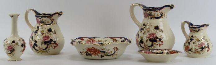 Six Mason’s ‘Mandalay’ pattern wares. Comprising three jugs of graduated size, two bowls and a vase.