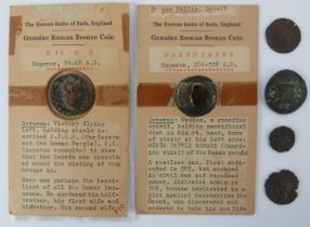 Six Roman bronze coins. Notable coins include an Emperor Nero coin (54 - 68 A.D.), an Emperor