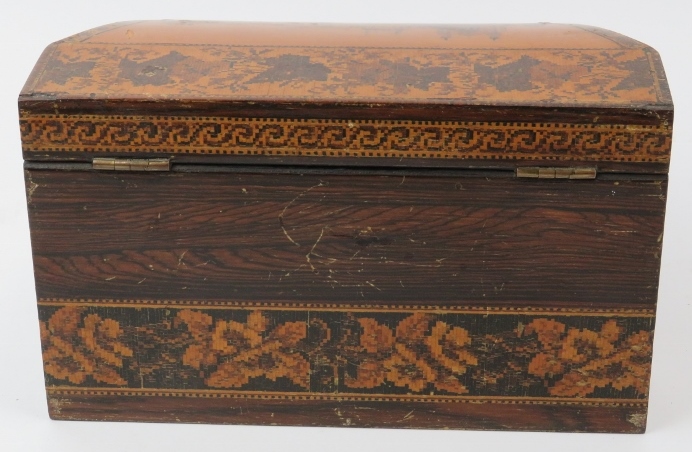 A Tunbridge ware parquetry inlaid letter rack box, late 19th/early 20th century. The hinged cover - Image 3 of 5