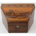 A Tunbridge ware parquetry inlaid letter rack box, late 19th/early 20th century. The hinged cover