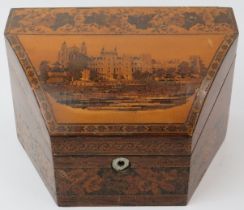 A Tunbridge ware parquetry inlaid letter rack box, late 19th/early 20th century. The hinged cover