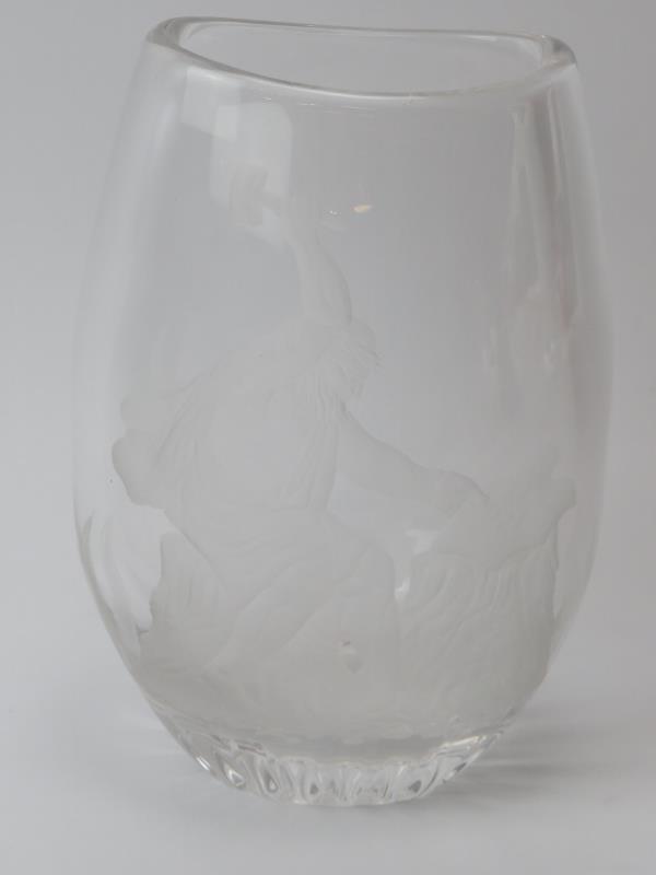 A Mary Stevens for Stuart crystal glass vase engraved depicting Hephaestus the Greek God of Fire,