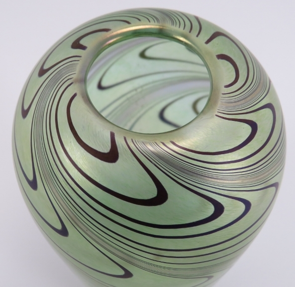 A Glasform iridescent green glass vase. Probably by John Ditchfield (unsigned). Inscribed ‘Glassform - Image 3 of 4