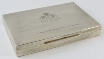 A German silver cigarette box bearing the coat of arms of Hamburg and having an internal