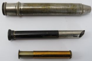 Two antique field microscopes and a prism, 19th/early 20th century. 18.2 cm longest length.