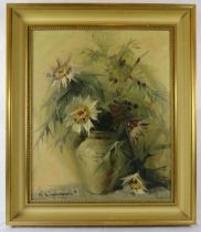 A pair of mid 20th century framed oils on canvas, 'Still life flowers in a vase', both signed