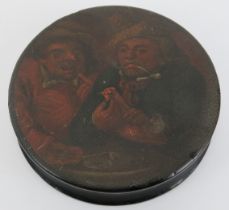 A hand painted and lacquered papier mache snuff box, 19th century. The cover painted depicting