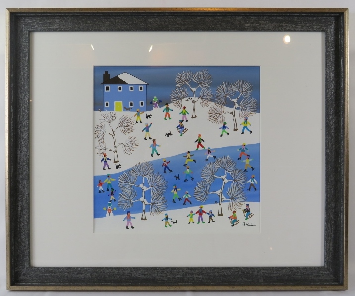 Gordon Barker (British) - A framed & glazed acrylic on paper, 'Snow day fun', signed lower right G