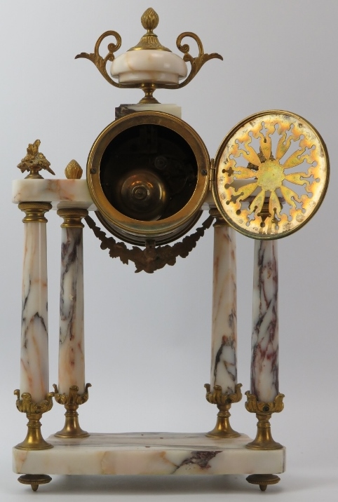 A French Louis XVI style gilt metal and marble portico mantel clock, late 19th/early 20th century. - Image 3 of 4