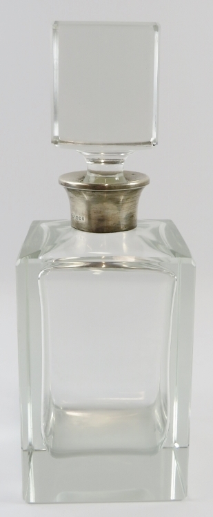 A stylish mid century square form glass spirit decanter with silver mounted collar. Hallmarked for - Image 2 of 3