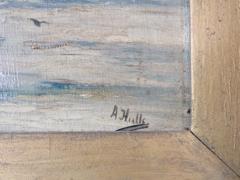 A Hulls (19th century) - Gilt framed oil on canvas, 'Ship moored off the coast with steam ship in - Image 4 of 5