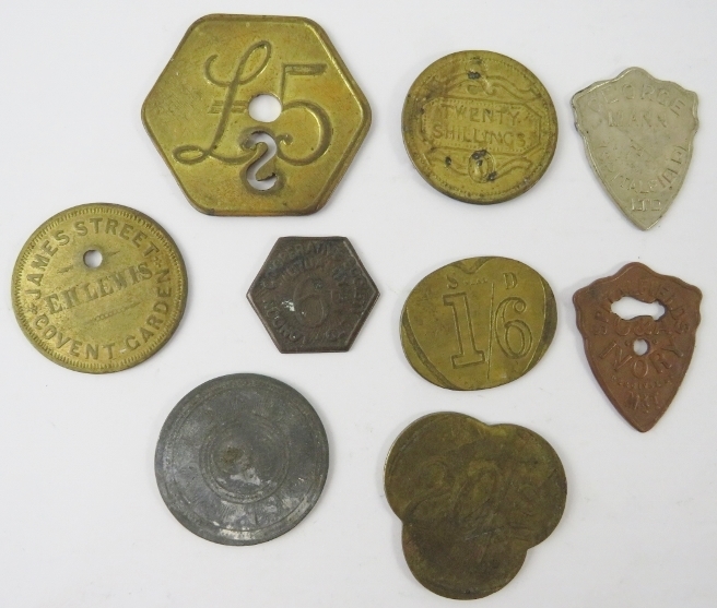 Five mixed Covent Garden Market trade tokens and four Spitalfields Market trade tokens. Various