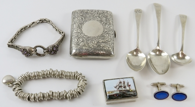 Mixed silver items including a cigarette case, two bracelets including Links, three spoons, pill box