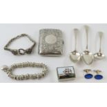 Mixed silver items including a cigarette case, two bracelets including Links, three spoons, pill box