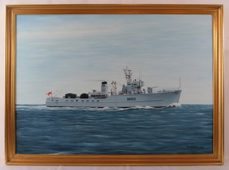 A H Sandish (20th/21st century) - 'Minesweeper at sea M1168', signed & dated 2003. 50cm x 70cm (19