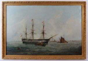 H J Morgan (Henry) (1839 - 1917) - A framed oil on canvas, 'A three mast Man of War coming into