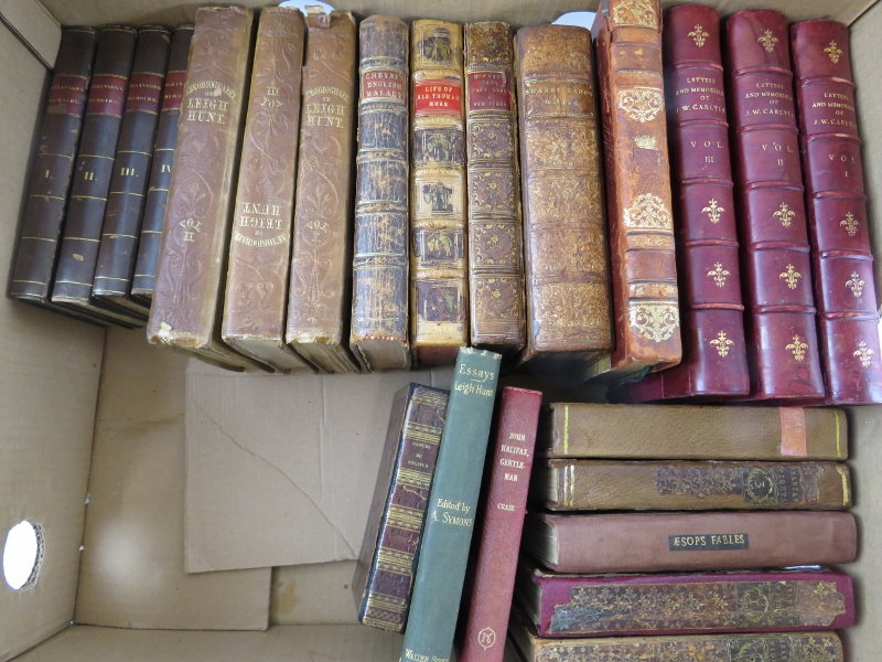 23 mixed mainly leather bound books including Aesop's Fables, J W Carlyle, Leigh Hunt and