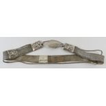 A white metal snake link belt with s-hook clasp, probably South East Asian. Indistinct marks.