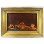 A framed oil on board, 'Theatrical scene with five semi clad figures', unsigned. 35cm x 57.5cm (