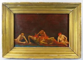 A framed oil on board, 'Theatrical scene with five semi clad figures', unsigned. 35cm x 57.5cm (