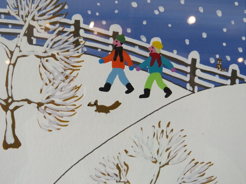 Gordon Barker (British) - A framed & glazed acrylic on paper, 'People walking in the snow being - Image 3 of 4