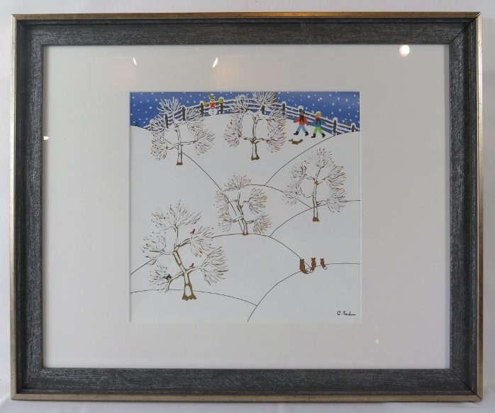 Gordon Barker (British) - A framed & glazed acrylic on paper, 'People walking in the snow being