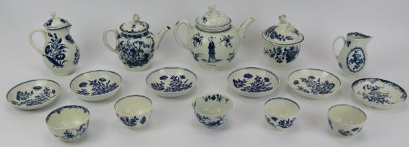 A collection of First Period Worcester blue and white porcelain tea set wares, 18th century (circa