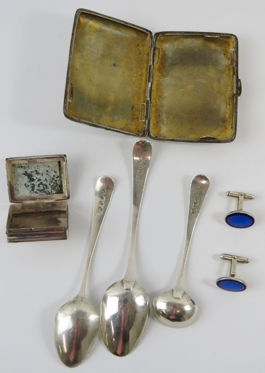 Mixed silver items including a cigarette case, two bracelets including Links, three spoons, pill box - Image 3 of 3