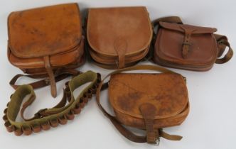 Four brown leather hunting and cartridge bags and a cartridge belt. (5 items). Condition report: