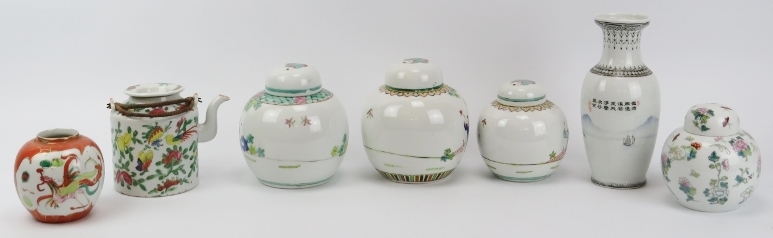 A group of Chinese porcelain ginger jars, a vase and teapot, 20th century. (8 items) Vase: 20.7 cm - Image 2 of 2