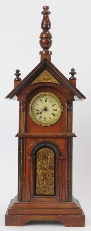 A novelty mahogany clock tower mantle clock, late 19th/early 20th century. Key included. 36.7 cm