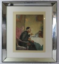 Hans W Schwaben - 19th/20th century clergy seated talking to a feathered bird on his table, signed